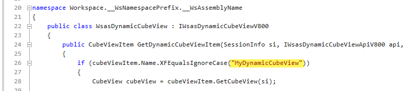 The code sample displays the name of the Dynamic Cube View highlighted 